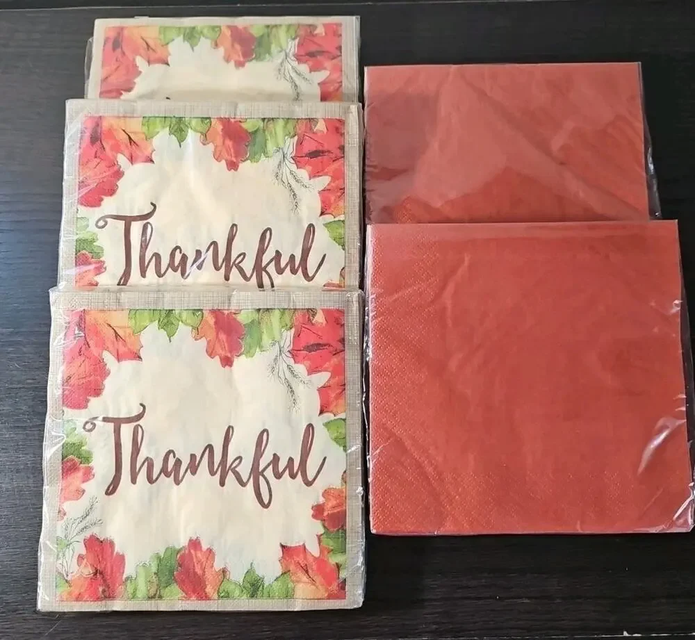 5 Packs of Thanksgiving Thankful Napkins 24 Per Pack Sealed Autumn Leaves